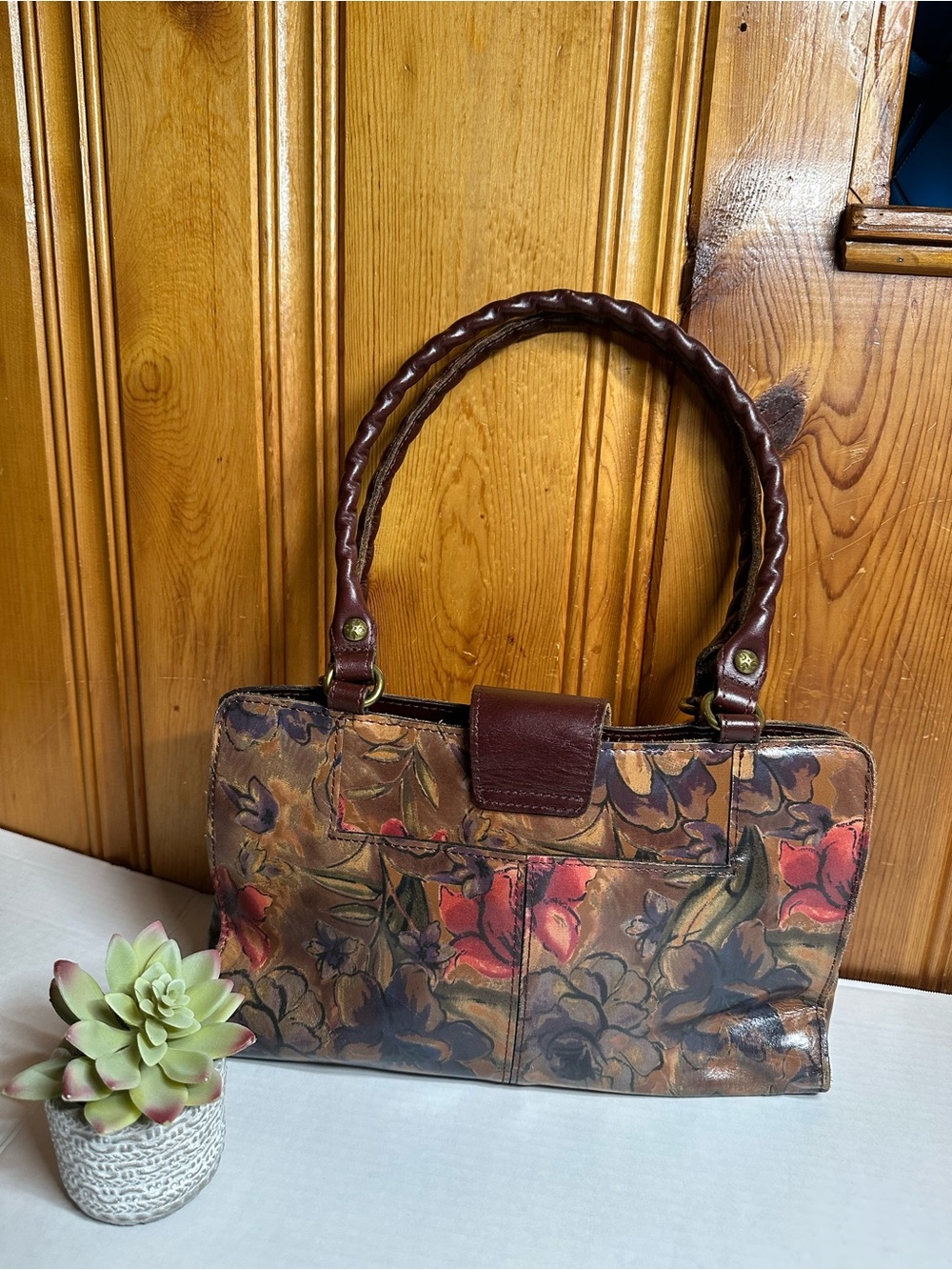 Patricia Nash Brown Hand-Painted Floral Shoulder Bag with Red Accents - Picture 2 of 16